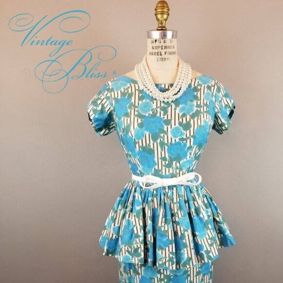 Vintage 1950's Blue Green Roses Striped Background Wiggle Dress with Peplum - Picture 1 of 12
